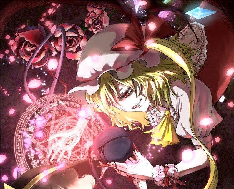 blonde_hair, blood, fang, flandre_scarlet, flower, hat, komeiji_koishi, magic_circle, multiple_girls, petals, red_eyes, red_rose, rose, rose_petals, shishou, touhou, wings