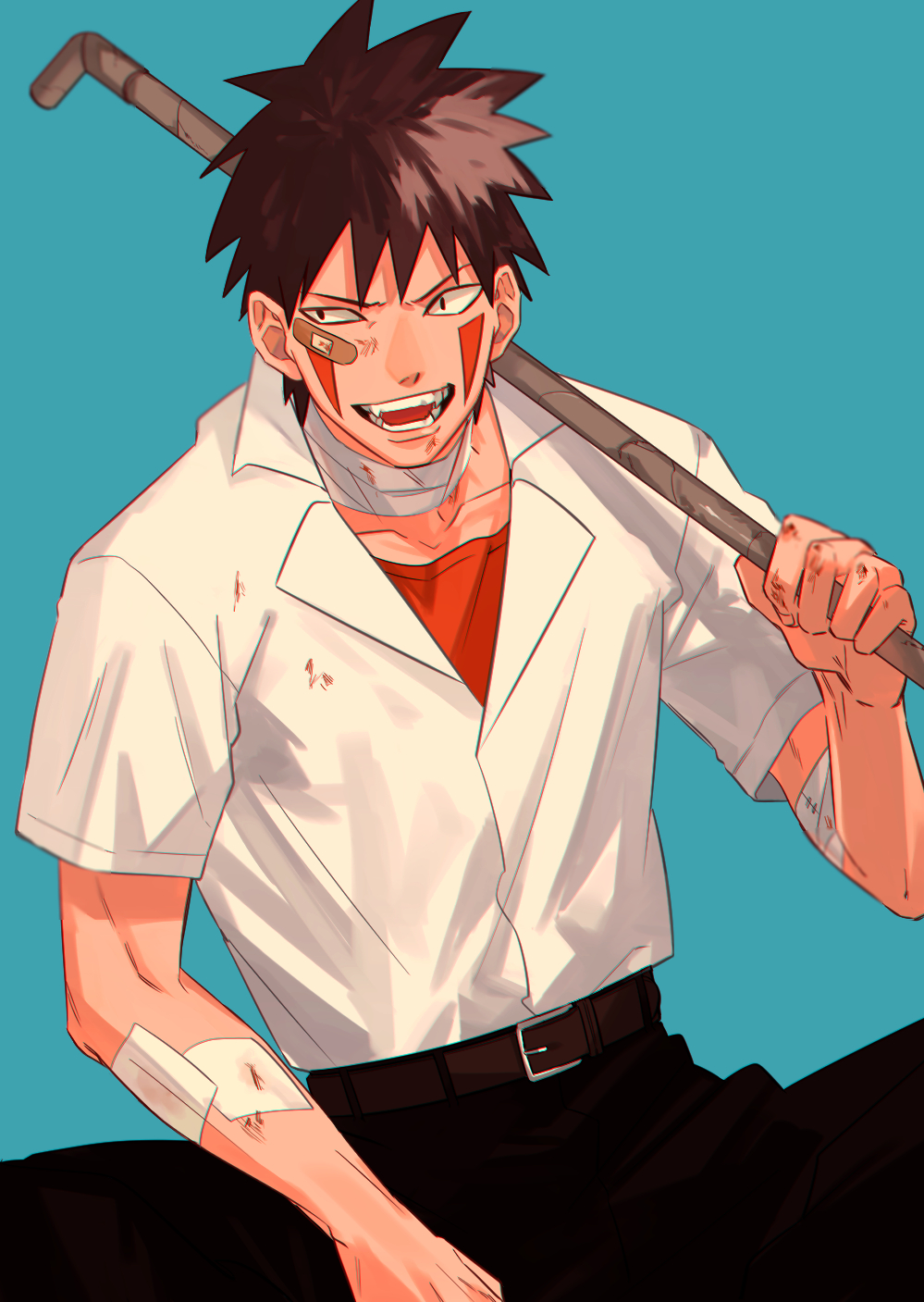 1boy, bandaged_neck, bandages, bandaid, bandaid_on_face, belt, black_pants, blood