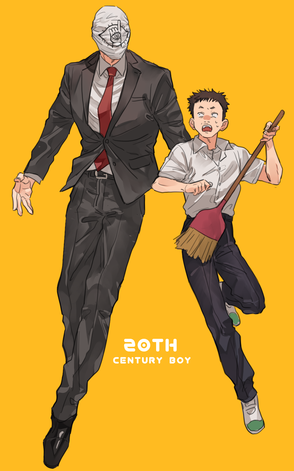 20th_century_boys, 2boys, bbbb_fex, black_footwear, black_pants, black_suit, broom, character_request, copyright_name, endou_kenji, highres, holding, holding_broom, male_focus, mask, multiple_boys, necktie, open_mouth, pants, red_necktie, shirt, shoes, short_hair, simple_background, sneakers, suit, sweatdrop, tomodachi_(20th_century_boys), white_shirt, yellow_background
