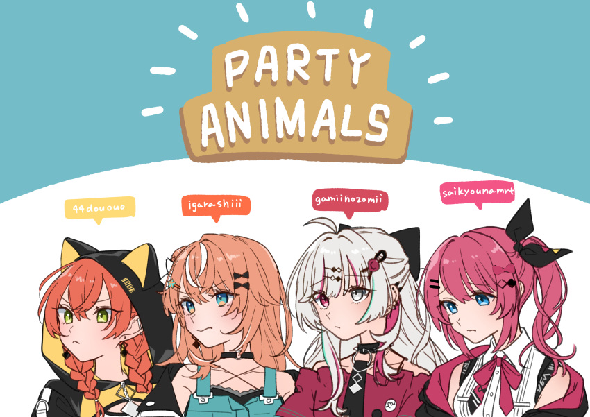 4girls, :<, absurdres, ahoge, animal_ear_hood, bare_shoulders, black_bow, black_choker