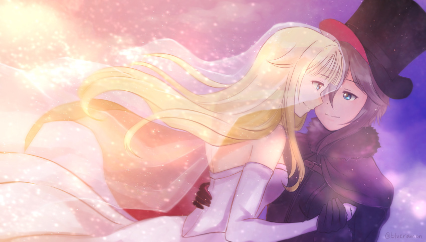 ange_(princess_principal), bare_shoulders, black_dress, black_gloves, black_headwear, blonde_hair, blue_eyes, brown_hair