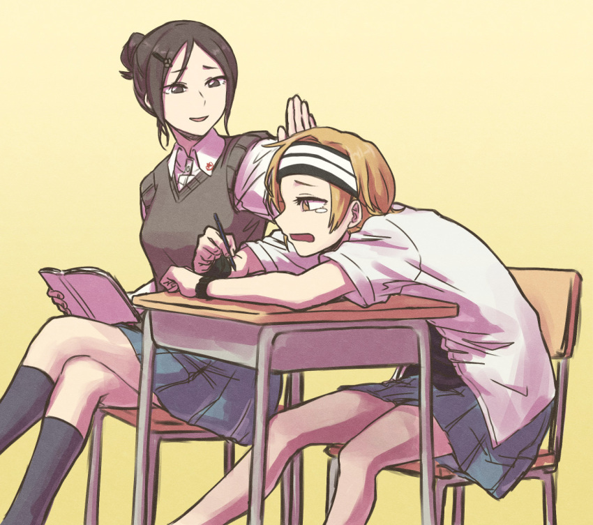 2girls, ariu_aki, black_headband, black_shirt, blonde_hair, blue_skirt, book, brown_hair