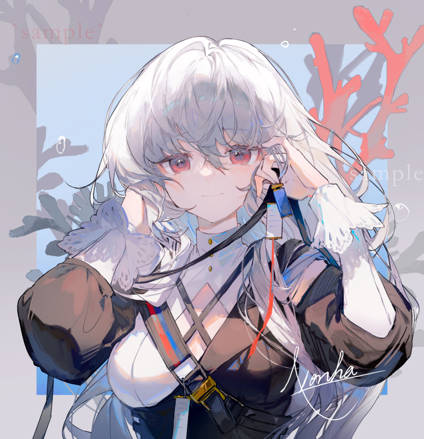 1girl, arknights, artist_name, black_dress, closed_mouth, commentary_request, coral, dress