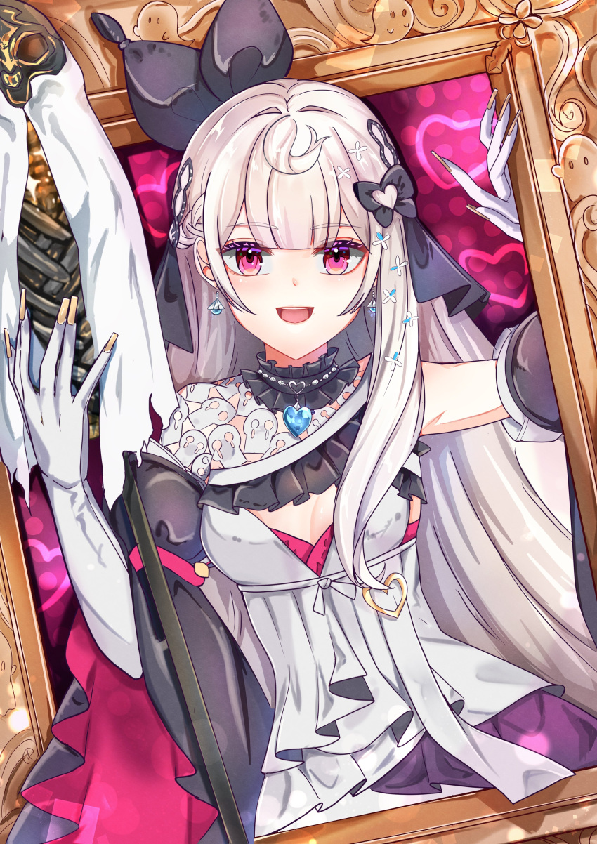 1girl, absurdres, ahoge, black_bow, bow, dress, earrings, elbow_gloves