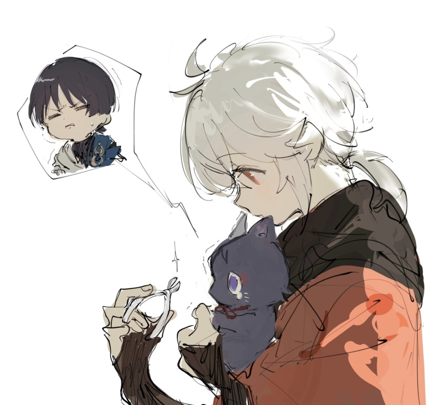 1boy, antenna_hair, black_gloves, black_hair, cat, clenched_teeth, closed_eyes, elbow_gloves