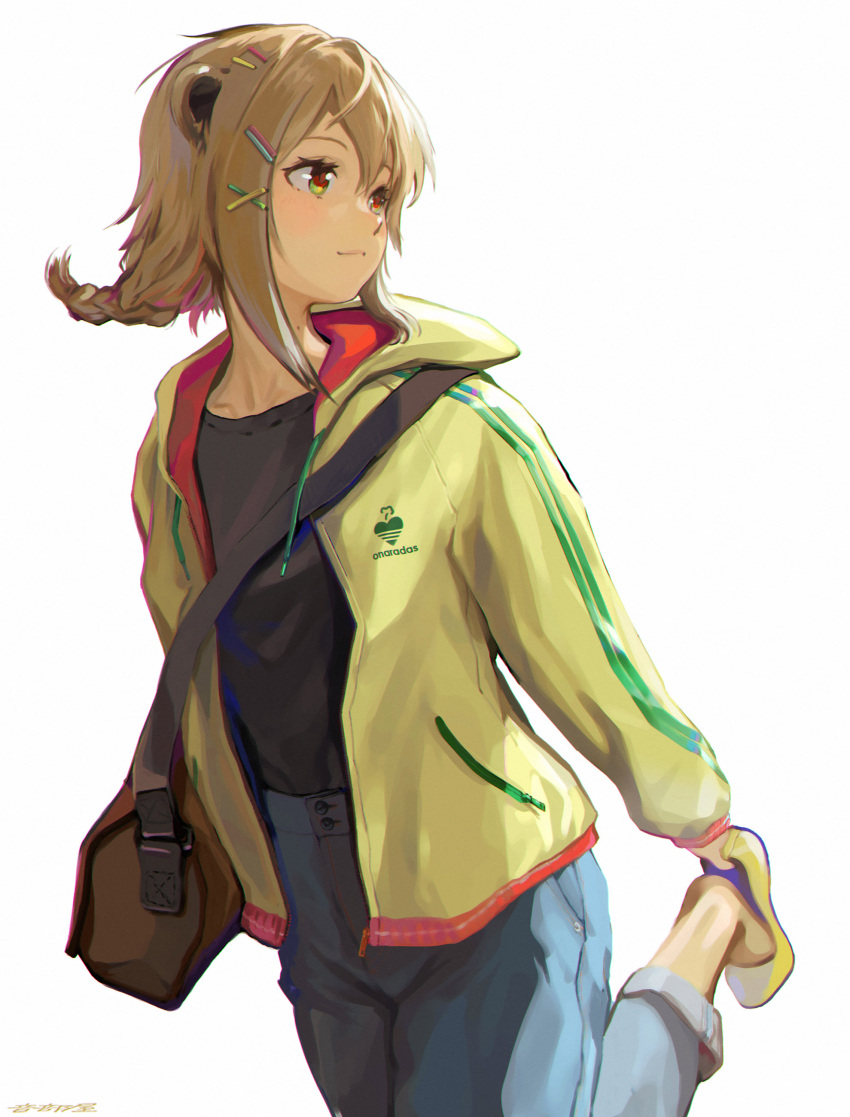 1girl, absurdres, adidas, adjusting_footwear, animal_ears, bag, bear_ears, black_shirt