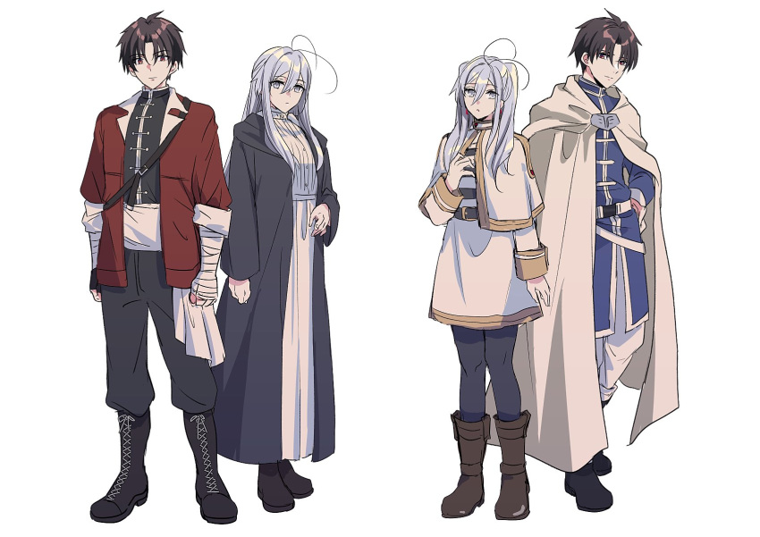 1boy, 1girl, 86_-eightysix-, antenna_hair, bandaged_arm, bandages, belt, black_coat, black_footwear, black_hair, black_pants, black_pantyhose, black_shirt, blue_shirt, boots, brown_footwear, capelet, cloak, coat, collar, collared_shirt, commentary_request, cosplay, dress, earrings, fern_(sousou_no_frieren), fern_(sousou_no_frieren)_(cosplay), frieren, frieren_(cosplay), frilled_collar, frills, full_body, grey_eyes, grey_hair, highres, himmel_(sousou_no_frieren), himmel_(sousou_no_frieren)_(cosplay), hood, hooded_cloak, hooded_coat, jewelry, knee_boots, long_coat, long_dress, long_hair, long_sleeves, looking_at_viewer, pants, pants_tucked_in, pantyhose, red_coat, red_eyes, shinei_nouzen, shirt, short_hair, shousuke, skirt, skirt_set, sousou_no_frieren, stark_(sousou_no_frieren), stark_(sousou_no_frieren)_(cosplay), striped, striped_shirt, vladilena_millize, white_background, white_belt, white_capelet, white_cloak, white_dress, white_pants, white_shirt, white_skirt