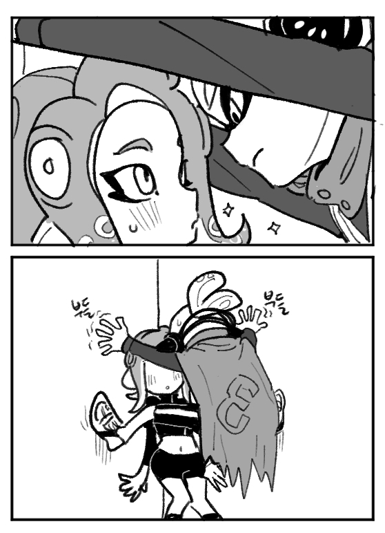 1boy, 1girl, agent_3_(splatoon), agent_8_(splatoon), blush, cape, cicada_block_(meme), comedy