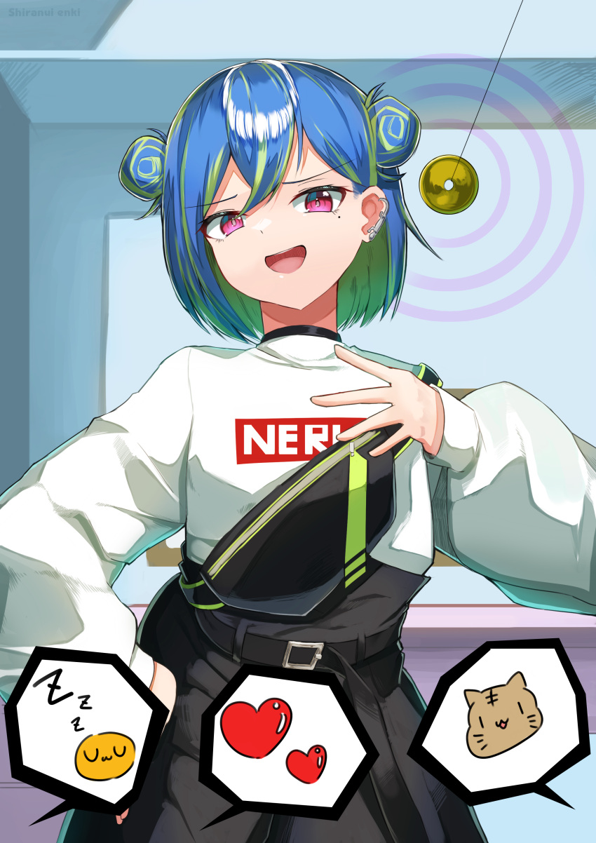 1girl, absurdres, belt, black_belt, black_shorts, blue_hair, coin, coin_on_string