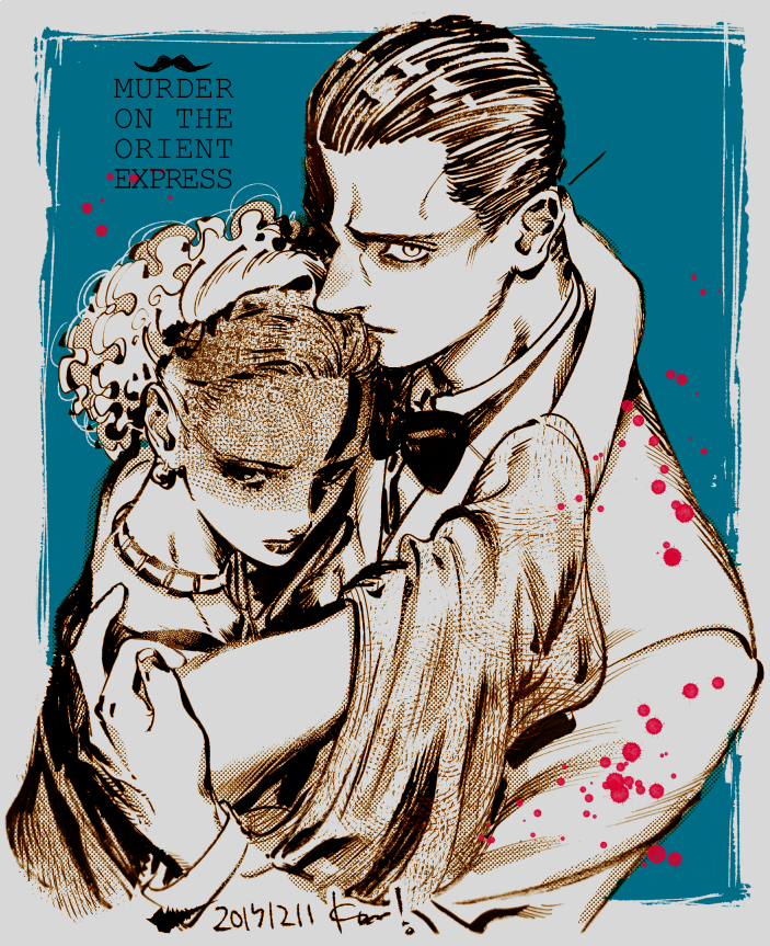 1boy, 1girl, blood, blood_splatter, blue_background, bow, bowtie, commentary, count_andrenyi_rudolph, countess_andrenyi_helena, dress, earrings, hair_slicked_back, hug, jacket, jewelry, kotteri, long_sleeves, looking_at_viewer, murder_on_the_orient_express, necklace, partially_colored, short_hair, simple_background, sleeveless, sleeveless_dress, upper_body