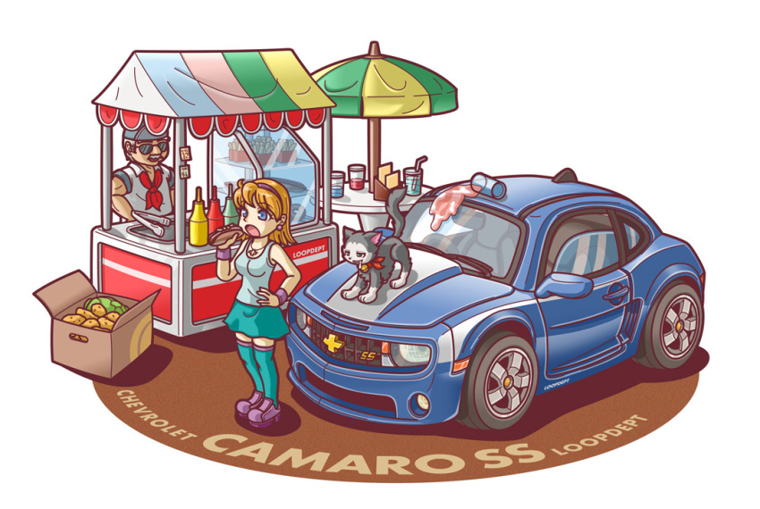 1boy, 1girl, aqua_tank_top, baseball_cap, blonde_hair, blue_car, blue_eyes, blue_headwear