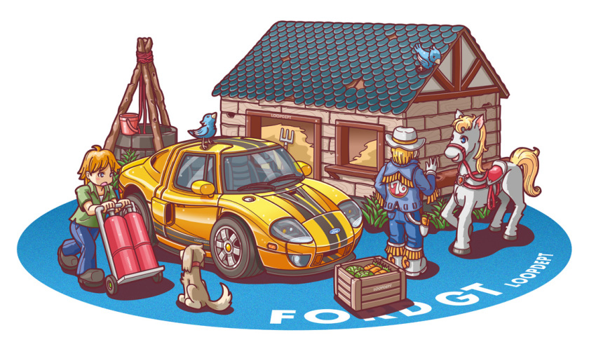 2boys, bird, black_footwear, blue_pants, blue_shirt, boots, bucket, cabbage, car, carrot, carrying, collared_shirt, commentary_request, cowboy_boots, cowboy_hat, crate, denim, dog, english_commentary, english_text, ford, ford_gt, full_body, gloves, green_shirt, grey_footwear, hand_up, hat, hay, holster, horse, long_sleeves, loopdept, mixed-language_commentary, motor_vehicle, multiple_boys, original, pants, pitchfork, saddle, shed, shirt, shoes, simple_background, sports_car, well, white_background, white_gloves, yellow_car