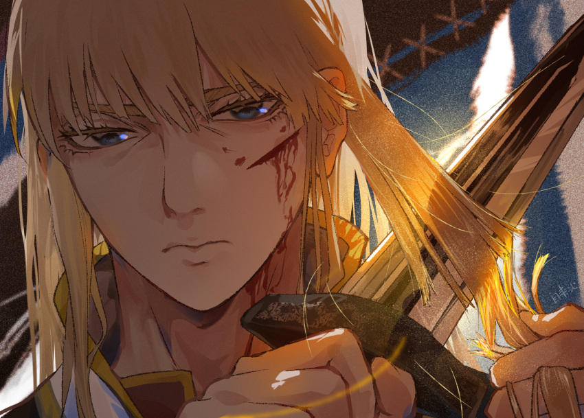 1boy, blonde_hair, blood, blood_drip, blood_on_face, blue_eyes, canute, chinese_text, closed_mouth, collared_jacket, cutting_hair, high_collar, holding, holding_sword, holding_weapon, injury, jacket, looking_at_viewer, male_focus, portrait, signature, solo, sword, vinland_saga, weapon, zilaihuoye
