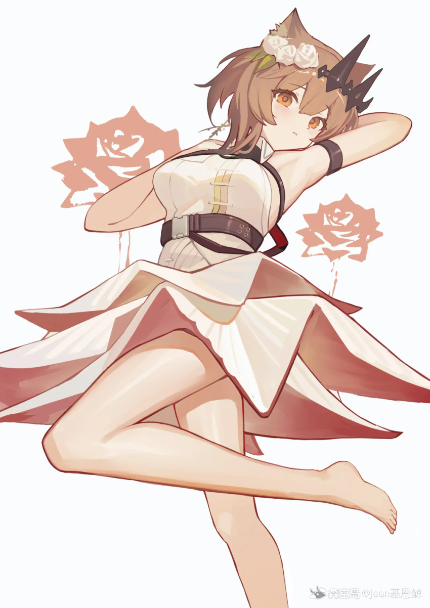 1girl, animal_ears, arknights, cat_ears, cat_girl, dress, flower, highres, non-web_source, rose, simple_background, vendela_(arknights), white_background, white_dress, white_flower, white_rose