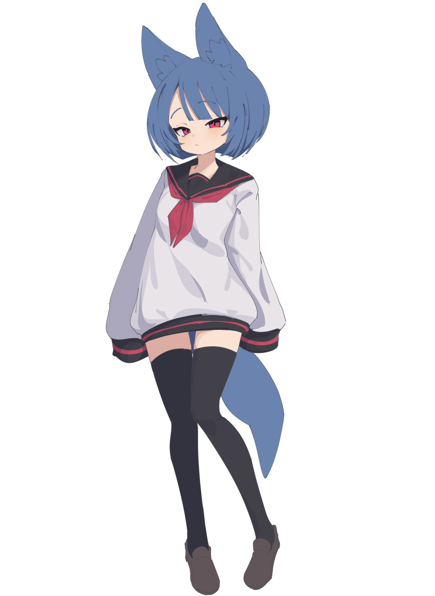 1girl, absurdres, animal_ear_fluff, animal_ears, black_sailor_collar, black_thighhighs, blue_hair, brown_footwear