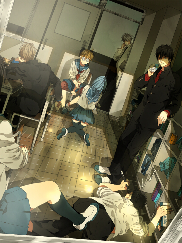 book, chain, classroom, dutch_angle, everyone, gintama, hijikata_toushirou, kagura_(gintama), kneeling, kondou_isao, leash, mcr, okita_sougo, sakata_gintoki, sarutobi_ayame, school, school_uniform, shimura_tae