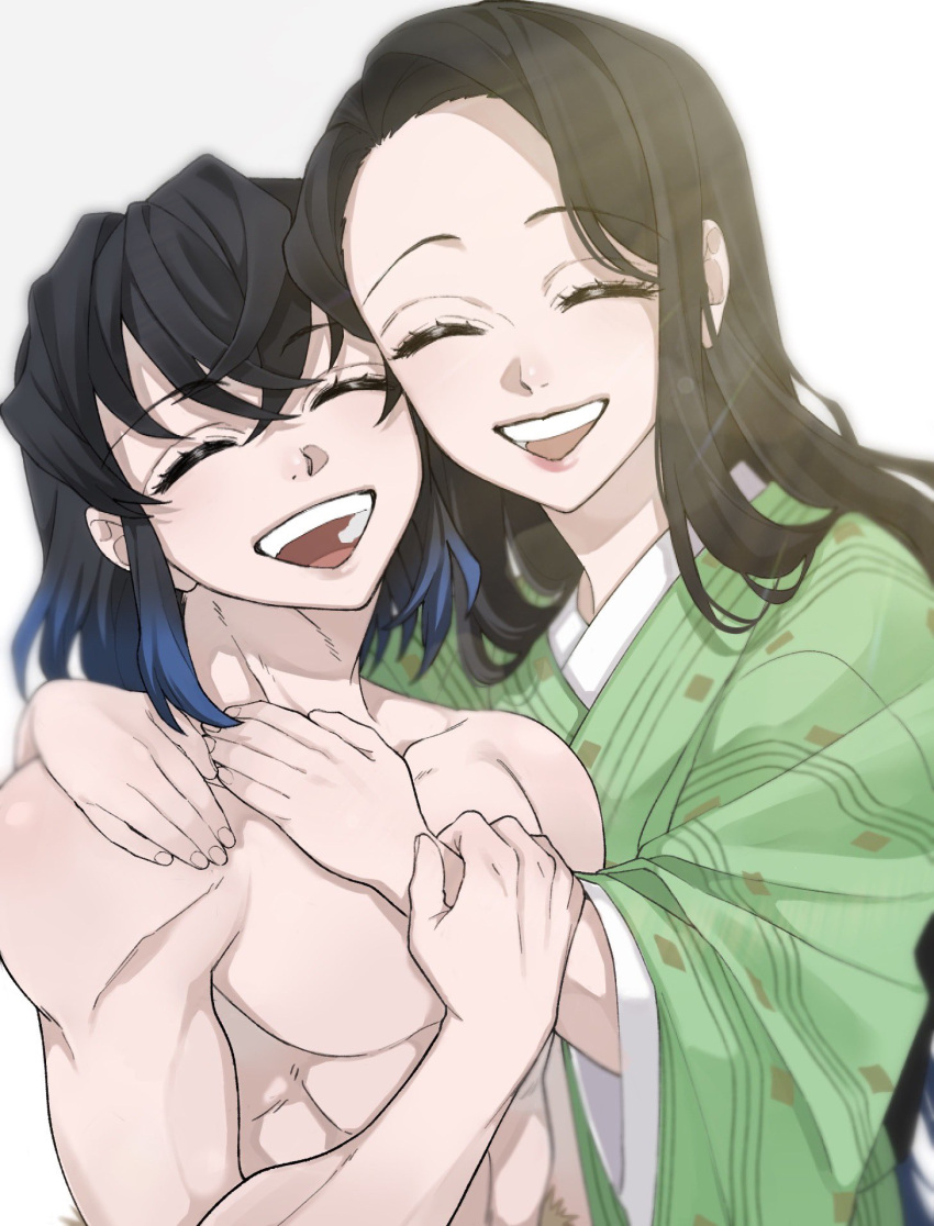 1boy, 1girl, black_hair, blue_hair, commentary_request, forehead, green_kimono, hashibira_inosuke
