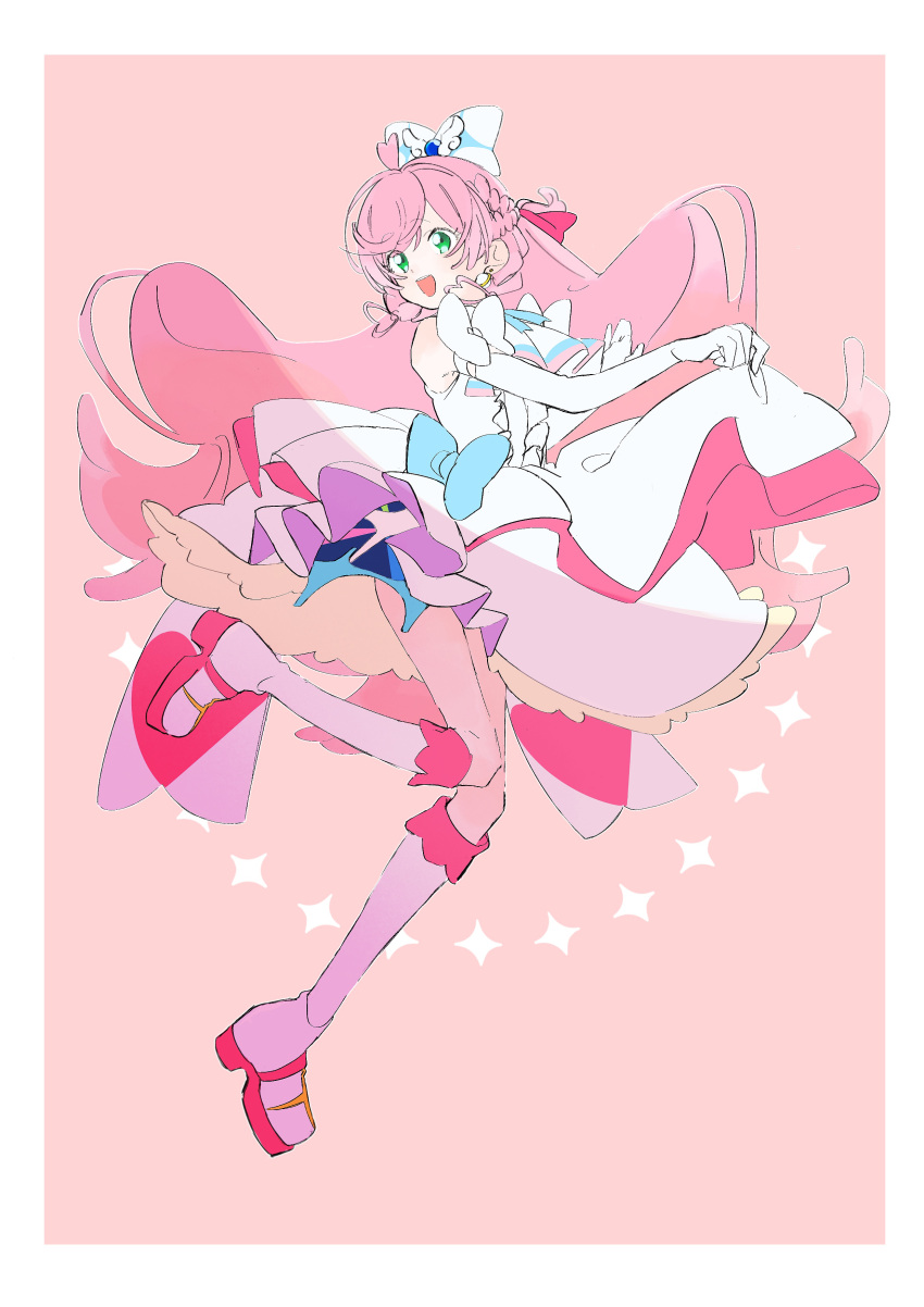 1girl, 35kawaiiprpr, absurdres, boots, bow, braid, center_frills, clothes_lift, commentary, cure_prism, dress, dress_bow, dress_lift, earrings, elbow_gloves, french_braid, frills, full_body, gloves, green_eyes, hair_bow, highres, hirogaru_sky!_precure, jewelry, knee_boots, layered_dress, leg_up, lifted_by_self, long_hair, looking_at_viewer, magical_girl, nijigaoka_mashiro, open_mouth, pink_background, pink_hair, precure, short_dress, side_braid, simple_background, sleeveless, sleeveless_dress, smile, solo, standing, standing_on_one_leg, twin_braids, very_long_hair, white_bow, white_dress, white_footwear, white_gloves