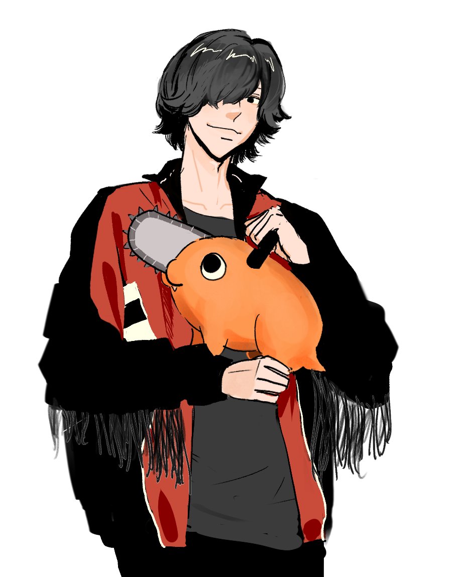 1boy, black_hair, chainsaw_man, collarbone, fang, hair_over_one_eye, handle, holding