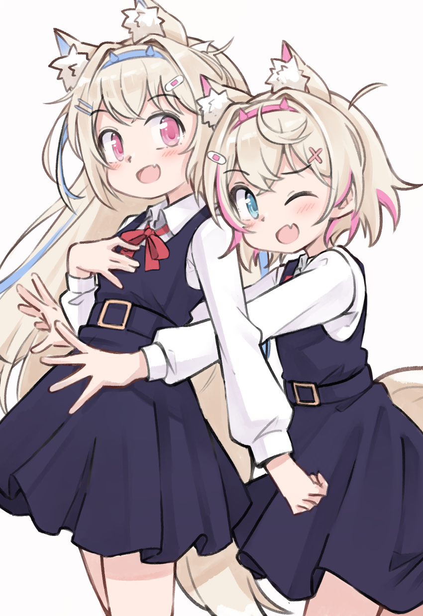 2girls, :d, ;d, absurdres, aged_down, animal_ear_fluff, animal_ears, bandaid_hair_ornament