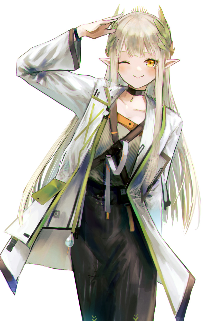 1girl, aiv, arknights, black_choker, brown_hair, choker, coat, collarbone