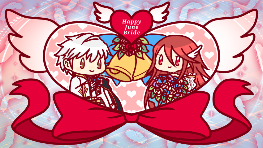 1boy, 1girl, absurdres, bell, bouquet, chibi, cordelia_(bridal)_(fire_emblem), cordelia_(fire_emblem), dress, fire_emblem, fire_emblem_awakening, fire_emblem_heroes, heart, hetero, highres, holding, holding_bouquet, milk_t, red_eyes, red_ribbon, redhead, ribbon, robin_(fire_emblem), robin_(male)_(fire_emblem), robin_(male)_(groom)_(fire_emblem), smile, wedding_dress, white_hair, wing_hair_ornament