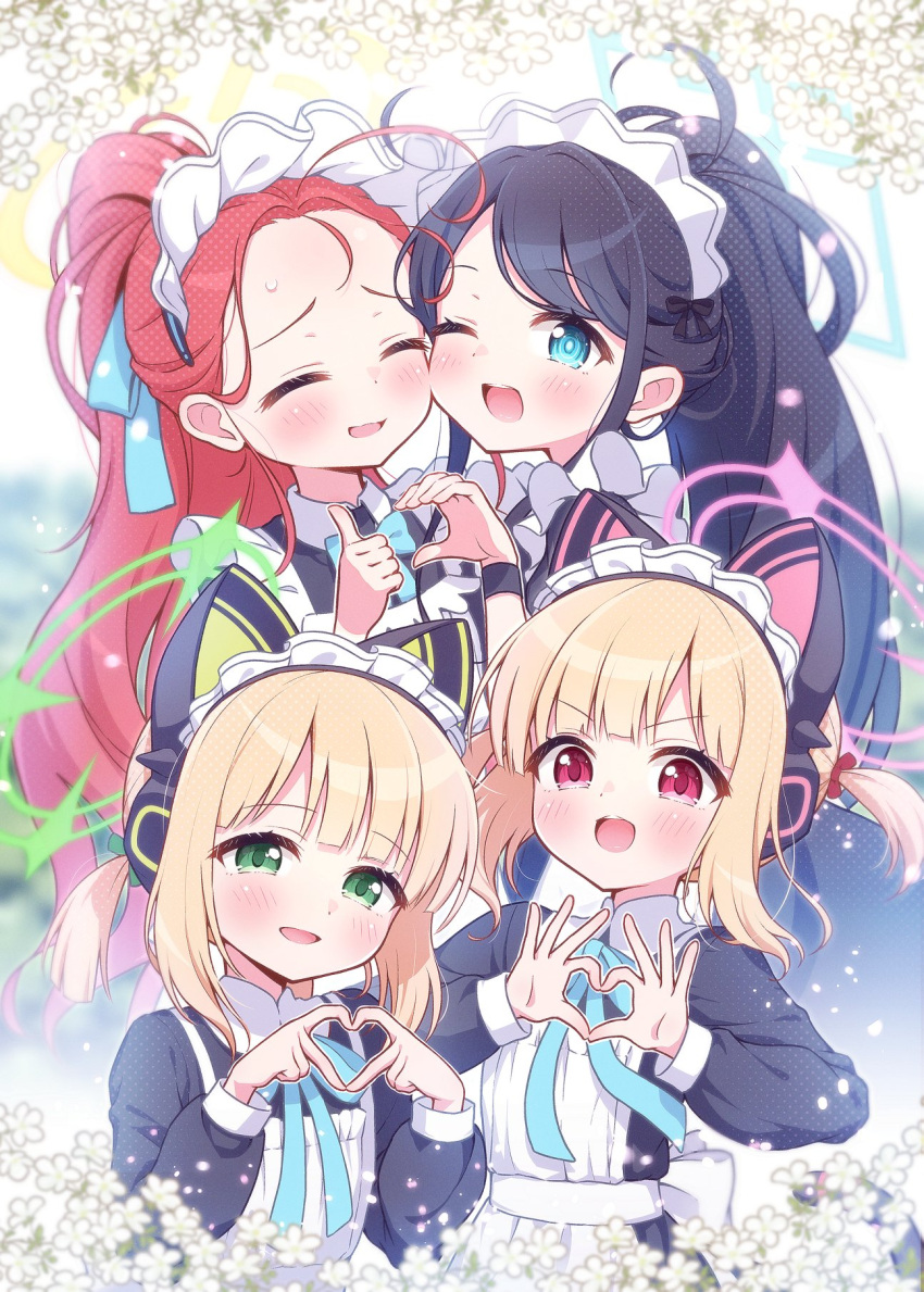 4girls, :d, ;d, ^_^, animal_ear_headphones, animal_ears, apron, aris_(blue_archive)