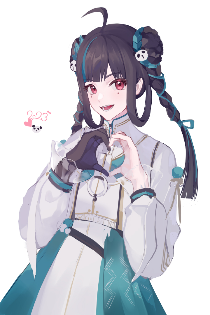 1girl, 2023, ahoge, alternate_costume, animal_hair_ornament, black_hair, blue_ribbon, blue_skirt
