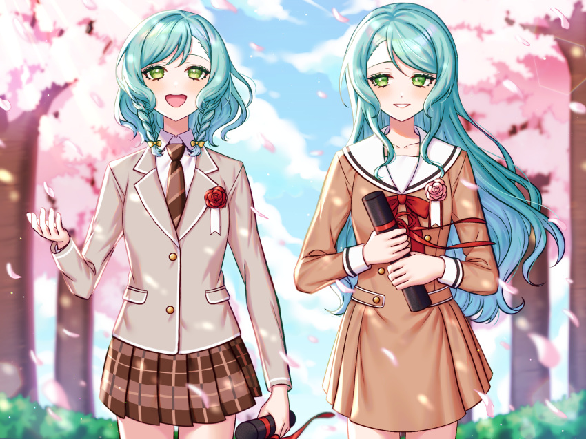 2girls, aqua_hair, bang_dream!, blazer, bow, braid, brown_dress, brown_necktie
