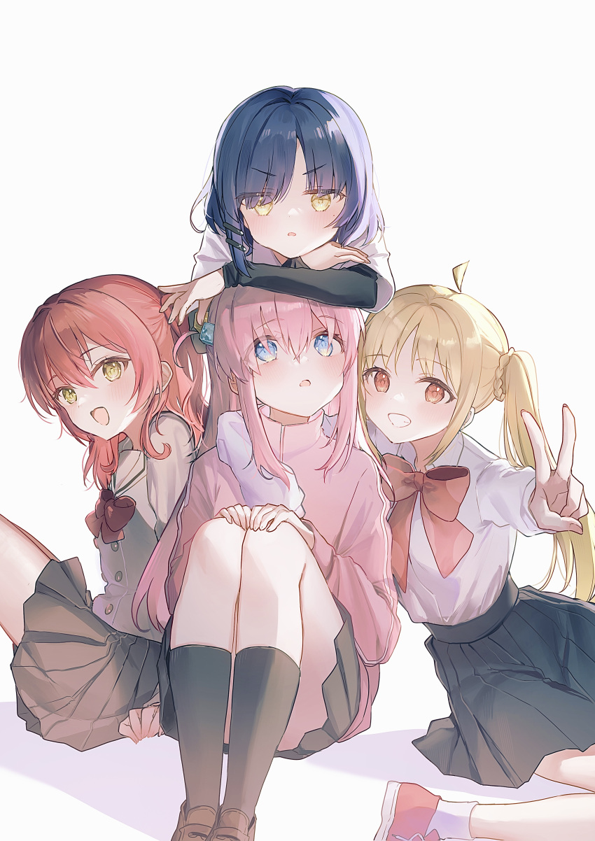 4girls, absurdres, arm_around_shoulder, ban_(one_ban7241), black_shirt, black_skirt, black_socks, blonde_hair