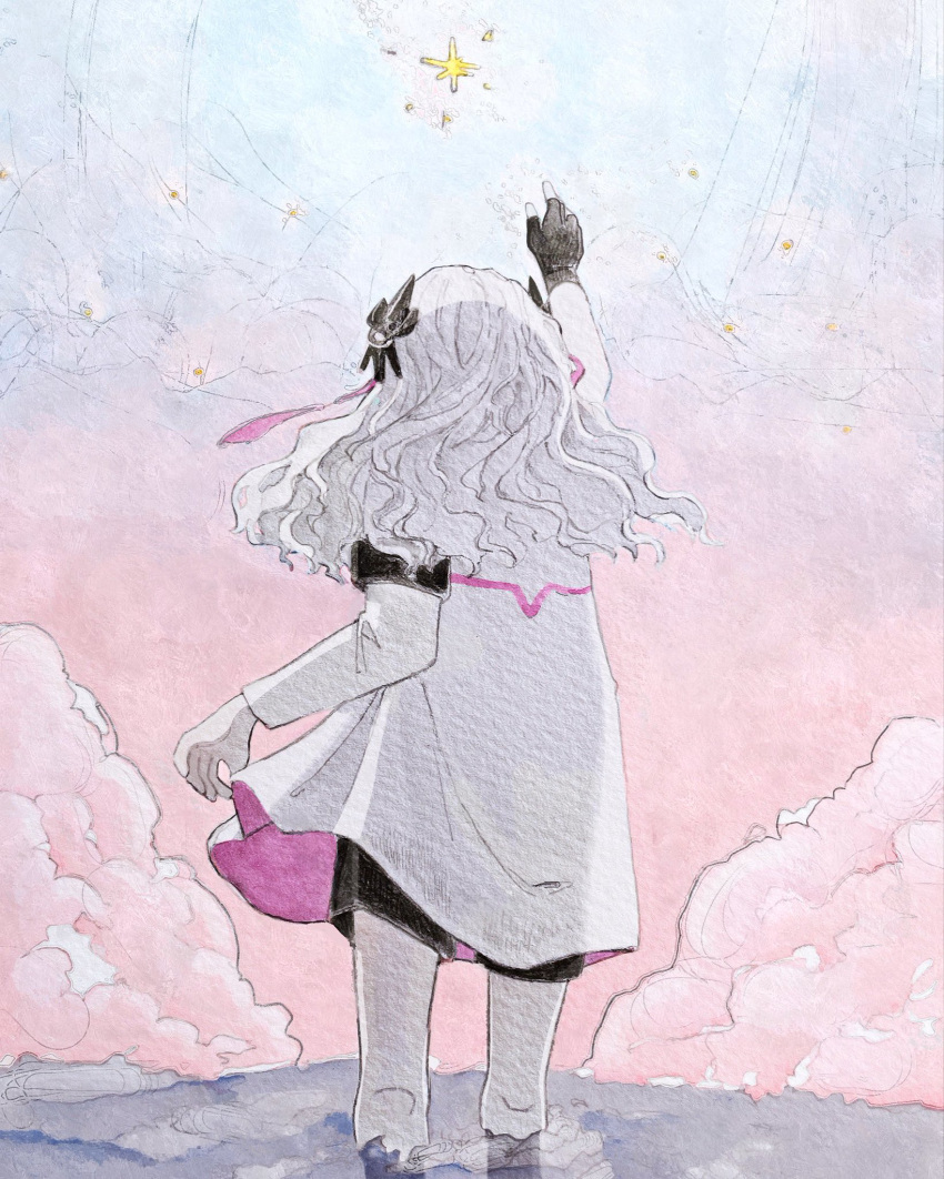 1girl, arm_up, asymmetrical_sleeves, black_shorts, blue_sky, cevio, clouds, coat
