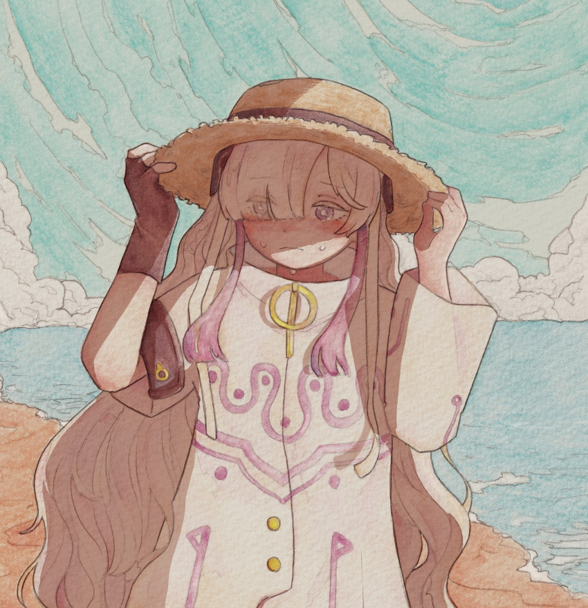 1girl, absurdres, asymmetrical_sleeves, averting_eyes, beach, black_gloves, blue_sky, blunt_bangs