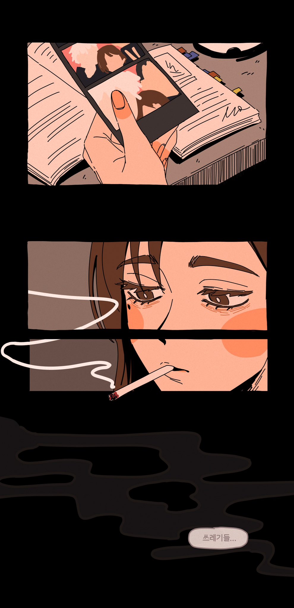1girl, brown_hair, cigarette, close-up, gogaek, grey_background, highres, holding