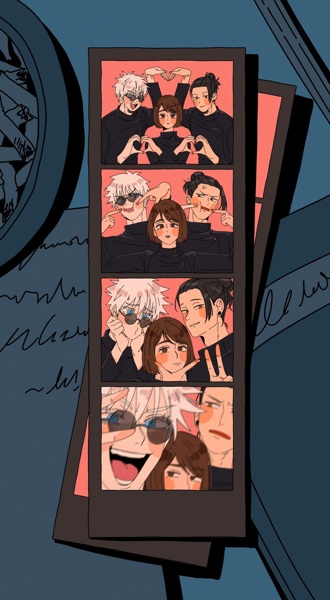 1girl, 2boys, :d, anger_vein, arm_up, black_hair, black_jacket, blue_background