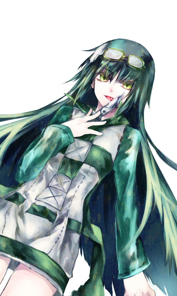 fori, goggles, goggles_on_head, green_hair, long_hair, niounomiya_izumu, solo, tongue