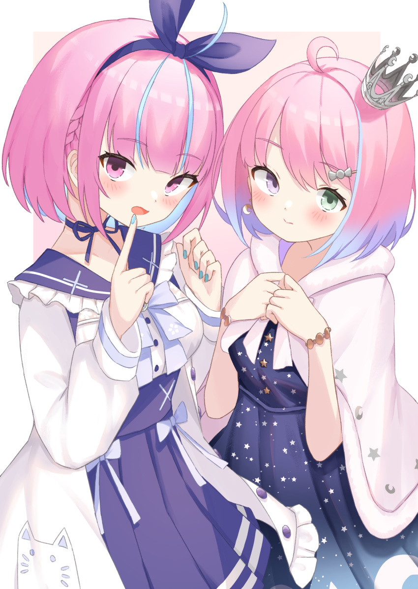 2girls, absurdres, blue_headband, bob_cut, bow, candy, colored_inner_hair, dress