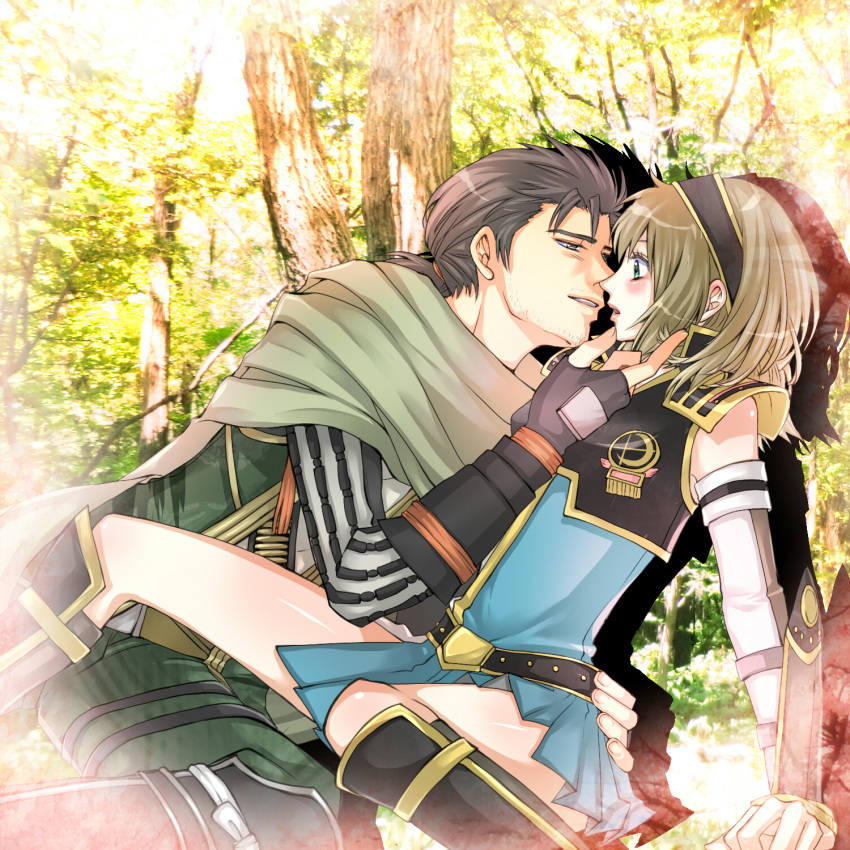 1boy, 1girl, armor, beard_stubble, belt, black_hair, blush, boots, cape, facial_hair, female_protagonist_(sengoku_musou_chronicle), fingerless_gloves, gloves, green_eyes, hairband, highres, light_brown_hair, photo_background, protagonist_(sengoku_musou_chronicle), saika_magoichi_(sengoku_musou), sengoku_musou, sengoku_musou_chronicle, showtime4840, tree