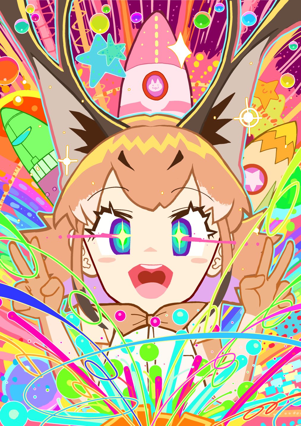 +_+, 1girl, animal_ears, blue_eyes, bow, bowtie, burikarun, caracal_(kemono_friends)
