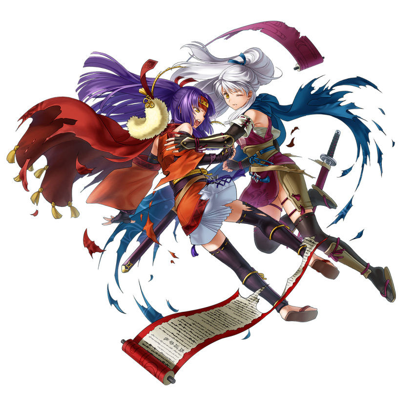 2girls, arm_guards, black_gloves, black_thighhighs, damaged, fingerless_gloves, fire_emblem, fire_emblem:_radiant_dawn, fire_emblem_heroes, gloves, hair_ribbon, headband, japanese_clothes, long_hair, micaiah_(fire_emblem), micaiah_(ninja)_(fire_emblem), multiple_girls, ninja, official_alternate_costume, official_alternate_hairstyle, official_art, one_eye_closed, open_mouth, ponytail, ribbon, sanaki_kirsch_altina, sanaki_kirsch_altina_(ninja), scarf, scroll, thigh-highs, torn_clothes, torn_scarf, violet_eyes, white_background, white_hair, yellow_eyes