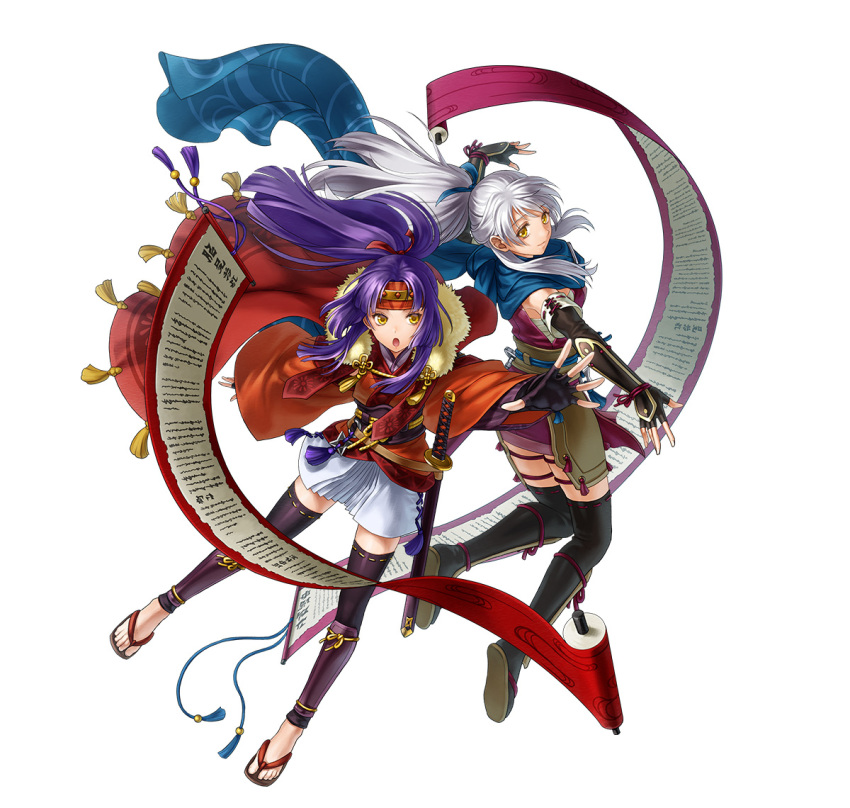 2girls, arm_guards, attack, black_gloves, black_thighhighs, fingerless_gloves, fire_emblem, fire_emblem:_radiant_dawn