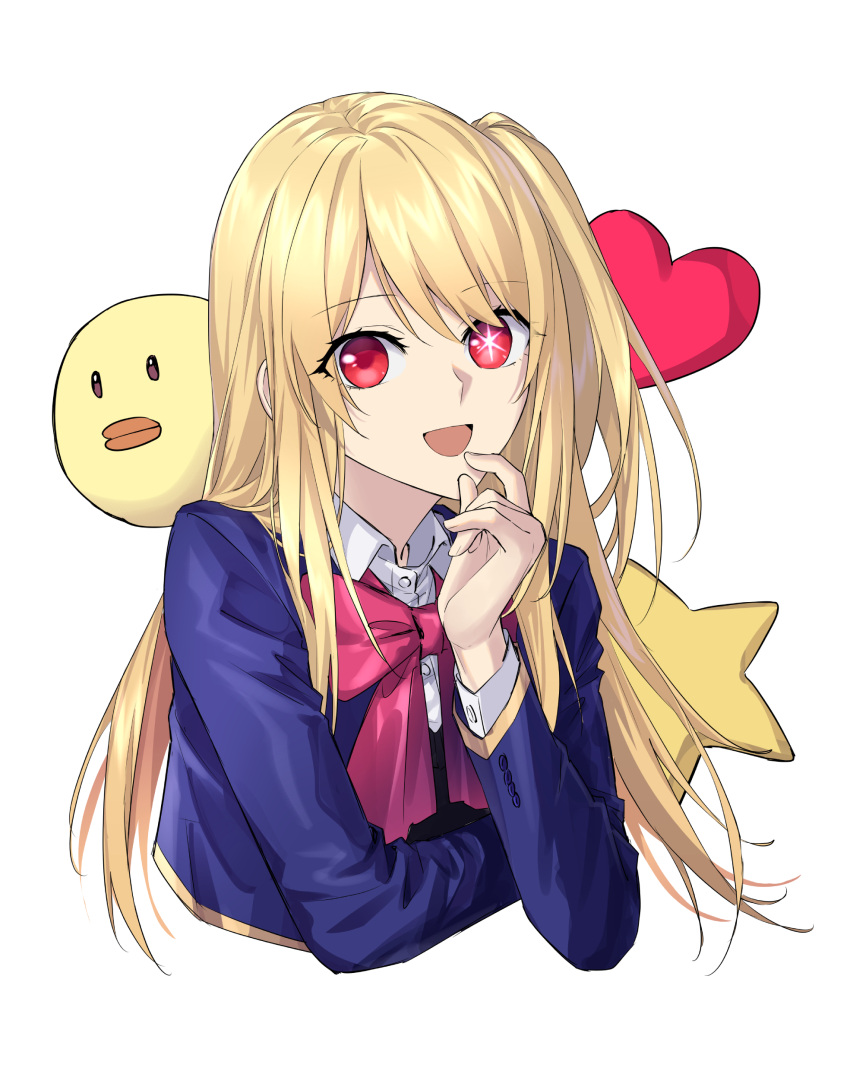 1girl, :d, absurdres, blonde_hair, blue_jacket, bow, collared_shirt, cropped_torso