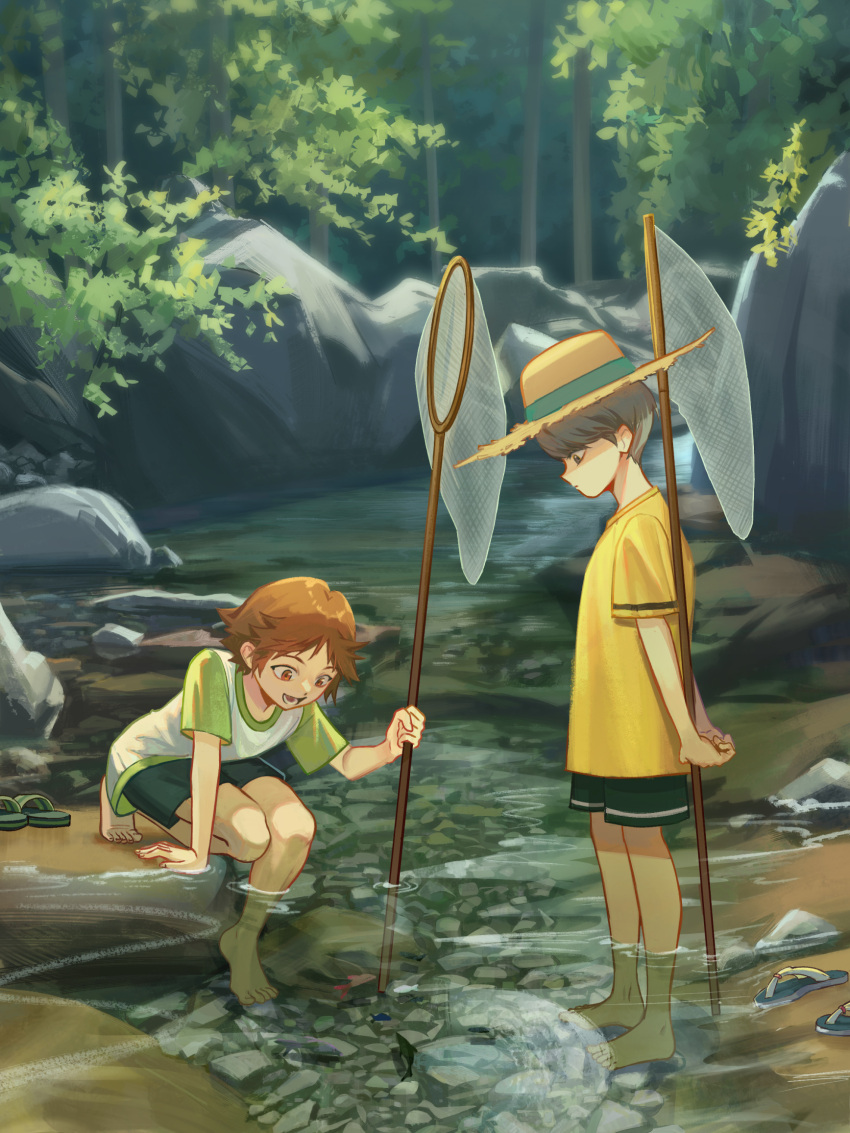 aged_down, areumcl, arms_up, barefoot, brown_eyes, brown_hair, closed_mouth, expressionless