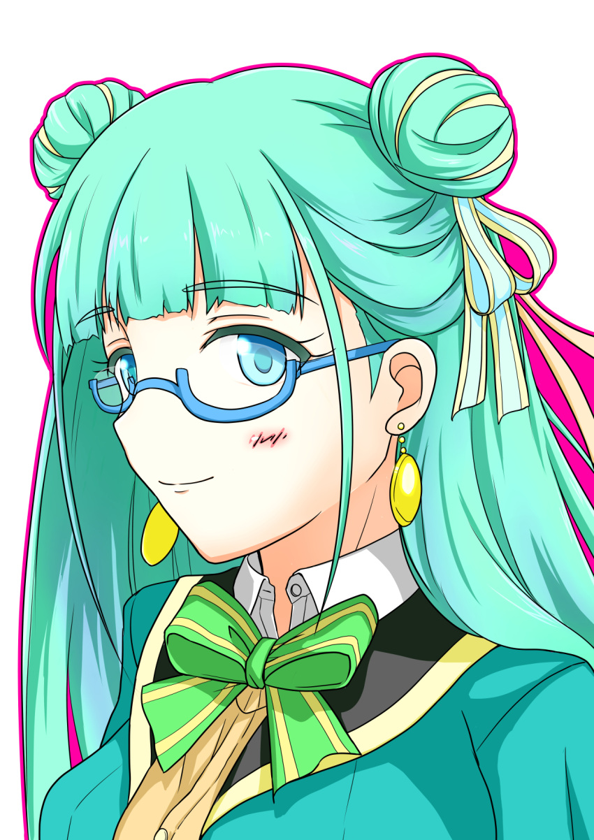 1girl, blunt_bangs, bow, bowtie, close-up, closed_mouth, double_bun, drop_shadow