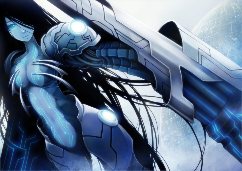 armor, black_hair, blue_eyes, blue_skin, cyborg, gun, hair_over_one_eye, long_hair