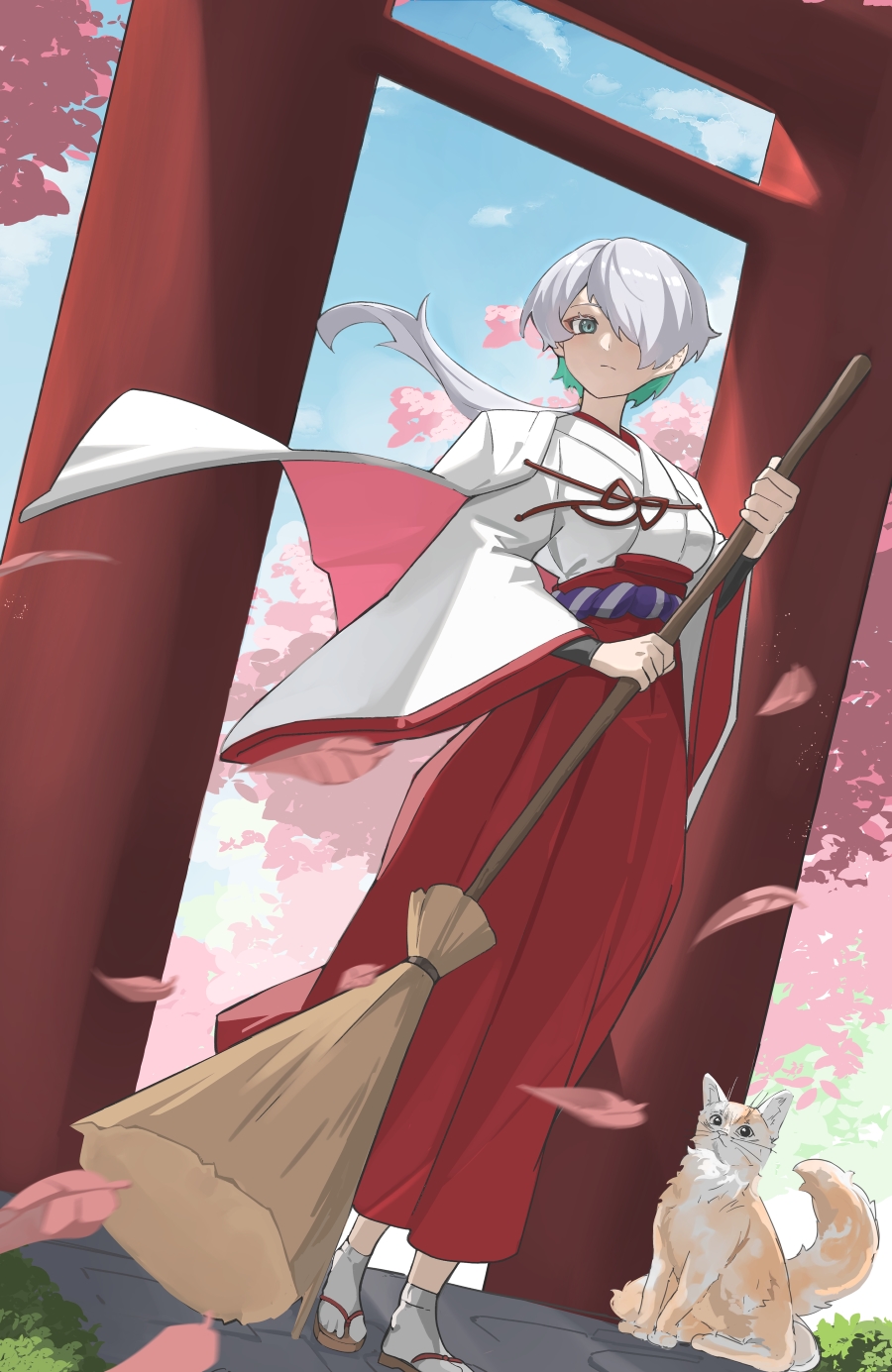 1girl, alternate_costume, blue_eyes, blue_sky, breasts, brid_(nikke), broom, cat