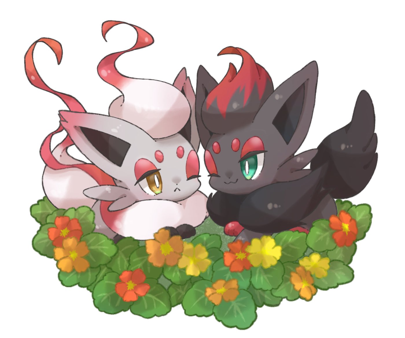 ;<, ;3, black_fur, commentary_request, dot_nose, flower, fox, green_eyes, hisuian_zorua, one_eye_closed, pokemon, pokemon_(creature), simple_background, towa_(clonea), white_background, white_fur, yellow_eyes, zorua