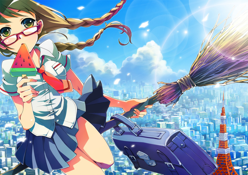braid, broom, broom_riding, brown_eyes, brown_hair, cityscape, food, fruit