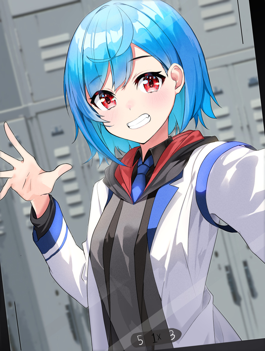 1girl, absurdres, black_shirt, blue_hair, blue_necktie, collared_shirt, grey_hoodie, hari_(sgkun_12), highres, hood, hoodie, jacket, long_sleeves, looking_at_viewer, necktie, nijisanji, nishizono_chigusa, nishizono_chigusa_(1st_costume), open_clothes, open_jacket, red_eyes, school_uniform, selene_girls_school_uniform, selfie, shirt, short_hair, smile, solo, upper_body, viewfinder, virtual_youtuber, white_jacket