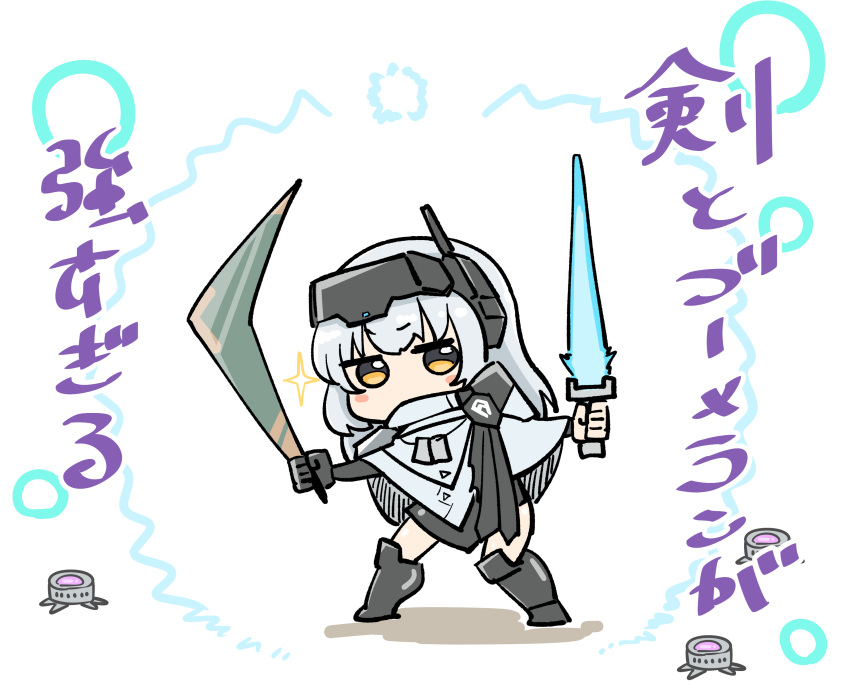 1girl, absurdres, armor, armored_boots, blush_stickers, boomerang, boots, chibi, cloak, dog_tags, goddess_of_victory:_nikke, highres, holding, long_hair, mechanical_arms, nukari_k, shoulder_armor, single_mechanical_arm, snow_white_(nikke), solo, sword, translation_request, visor_(armor), weapon, white_cloak, white_hair, yellow_eyes