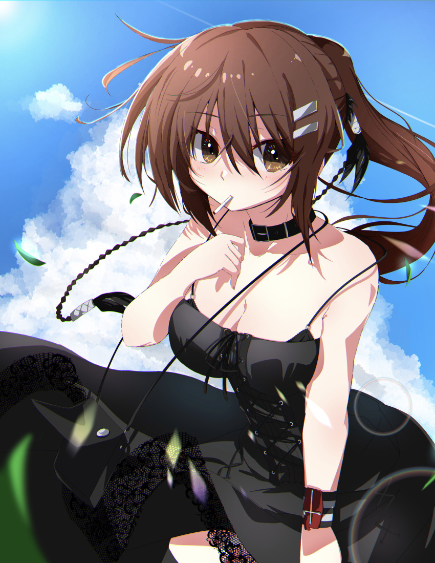 1girl, absurdres, bag, bare_shoulders, black_bag, black_choker, black_dress, black_wrist_cuffs, blue_sky, breasts, brown_eyes, brown_hair, carrying_bag, choker, cigarette, commentary_request, cross, cross-laced_clothes, cross-laced_dress, cross_bracelet, dress, floating_hair, frilled_dress, frills, gabanborjarnon, hair_between_eyes, hair_ornament, hairclip, handbag, highres, large_breasts, long_hair, looking_at_viewer, minakami_yuki, ponytail, sky, smoking, solo, subarashiki_hibi